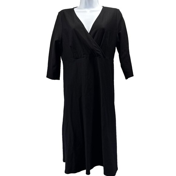 Eileen Fisher Faux Wrap Dress Petite P L Solid Black V Neck Stretch Whimsigoth - Picture 1 of 11